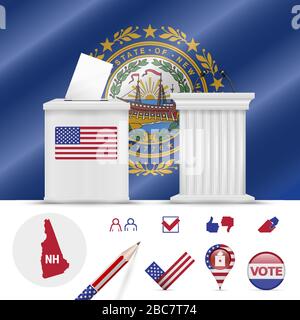 Elezioni presidenziali nel New Hampshire. Bandiera a onde vettoriali, ballottaggio realistico, podio per gli oratori pubblici, mappa della silhouette e set di icone di voto. Illustrazione Vettoriale
