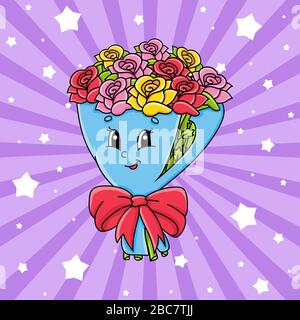 Bouquet di rose fiori su carta da imballaggio con prua. Carino personaggio cartone animato. Immagine vettoriale colorata. Isolato su sfondo a colori. Modello per Illustrazione Vettoriale