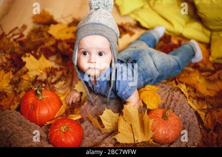 un ragazzino gioca in autunno lascia accanto alle zucche. foto dai colori caldi Foto Stock