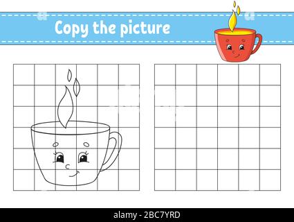 Copiare la foto. Tazza. Pagine da colorare per bambini. Foglio di lavoro per lo sviluppo dell'istruzione. Gioco per bambini. Pratica di scrittura a mano. Carattere di catoon. Illustrazione Vettoriale