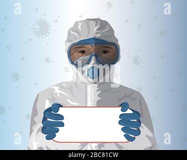 Il medico in un vestito protettivo tiene un segno nelle vostre mani per il vostro testo. Virus COVID-19 coronavirus Illustrazione Vettoriale