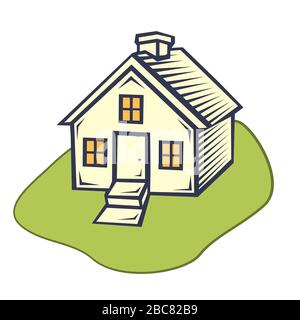Casa icona piatta. stile piatto, casa con un prato verde, illustrazione vettoriale Illustrazione Vettoriale