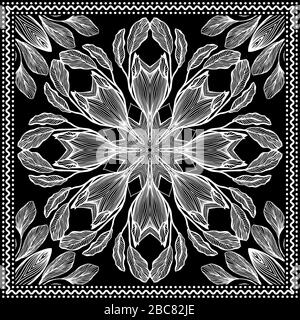 Bandana Clipart Bianco e nero. Modello di sciarpa di seta di bandana. Stampa a fascia con stampa a coda, illustrazione floreale vettoriale con onde e linee astratte. Da utilizzare per la stampa a sublimazione Illustrazione Vettoriale