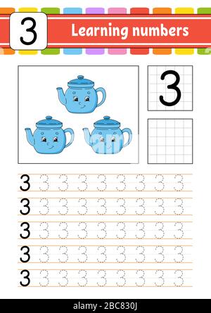 Numero 3. Traccia e scrittura. Pratica di scrittura a mano. Numeri di apprendimento per i bambini. Foglio di lavoro per lo sviluppo dell'istruzione. Pagina attività. Illustrazione del vettore isolato Illustrazione Vettoriale