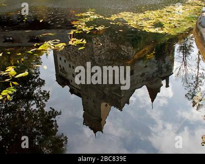 Riflessione del Castello di Bran, conosciuto come Castello di Dracula, Bran, Romania Foto Stock