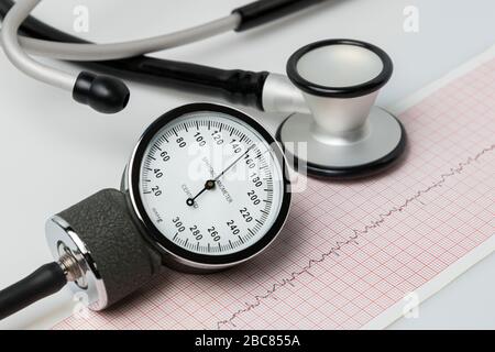 Closeup del misuratore della pressione sanguigna. Concetto di salute cardiaca, ipertensione, malattie cardiovascolari Foto Stock