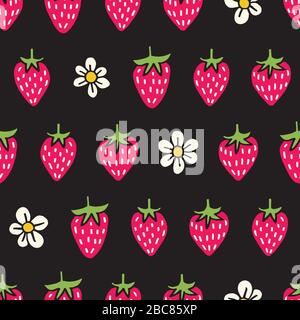Colorato pennarello disegnato a mano fragole marcatore punta e Blooms Vector Seamless Pattern Illustrazione Vettoriale