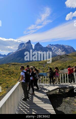 Camminatori alla cascata Salto Grande, Lago Pehoe, Torres de Paine, regione Magallanes, Patagonia, Cile Foto Stock