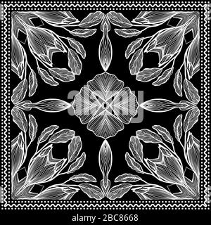 Bandana Clipart Bianco e nero. Motivo di sciarpa di seta di bandana, illustrazione floreale vettoriale con le onde e le linee astratte. Da utilizzare per la stampa a sublimazione. Stampa della parte superiore della fascia Illustrazione Vettoriale
