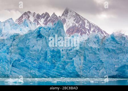 Smeerenburgbreen, parto ghiacciaio Reuschhalvøya vicino a Albert I terreni sfocia in Bjørnfjorden, parte interna di Smeerenburgfjorden, Svalbard, Norvegia Foto Stock