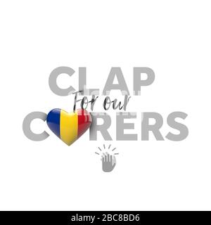 Clap per i caregers messaggio con la bandiera del cuore della Romania. Rappresentazione 3D Foto Stock