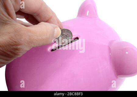 Colpo di primo piano orizzontale della mano di una donna che sta per cadere un quarto nella fessura di una banca piggy rosa. Sfondo bianco. Foto Stock