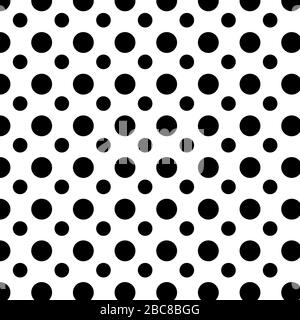 Sfondo bianco e nero con motivo a punti polka di dimensioni miste. I cerchi neri sono di dimensioni diverse su sfondo bianco in sfondi 12x12. Foto Stock