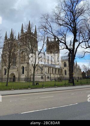 Selby Abbey, una chiesa parrocchiale anglicana nella città di Selby, North Yorkshire. Foto PA. Data immagine: Venerdì 3 aprile 2020. Il credito fotografico dovrebbe essere: Filo Callum Dent/PA Foto Stock