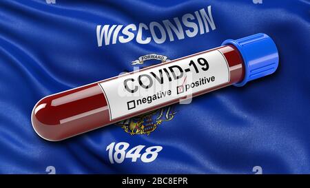 Bandiera dello stato DEGLI STATI UNITI del Wisconsin ondeggiante nel vento con una provetta di analisi del sangue positiva di Covid-19. Foto Stock