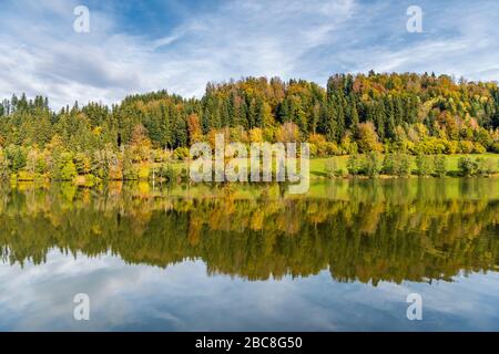 Wackersberg, Bad Tölz-Wolfratshausen, alta Baviera, Germania, Europa. Autunno a Stallauer Weiher Foto Stock