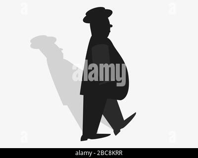 Il contorno di un uomo che cammina. Uomo grasso in un vestito e cappello con un'ombra. Uomo d’affari. Illustrazione del vettore Illustrazione Vettoriale