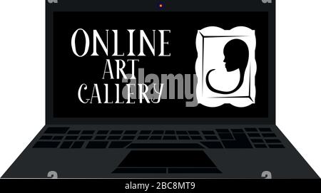 Museo online. Statua e scritta. Notebook. Scultura, busto. Ti sentirai come a casa. Illustrazione Vettoriale