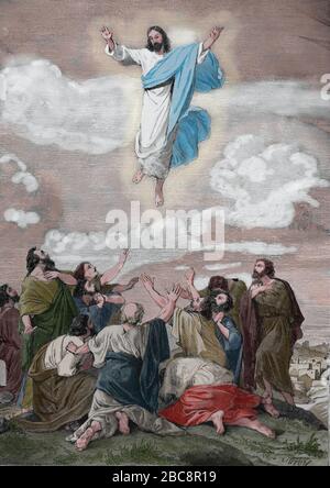 L'Ascensione di Gesù. Incisione. Sacra Bibbia, 19th secolo. Foto Stock