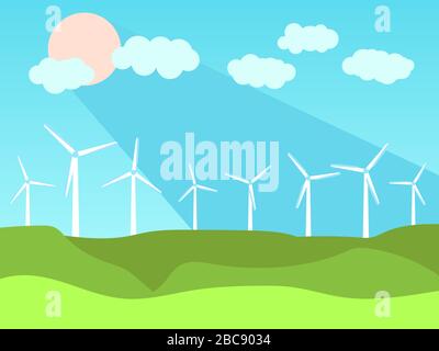 Energia rinnovabile. Mulini a vento e verde campi paesaggio. Estate tempo di sole. Generatori di vento energia verde. Illustrazione del vettore Illustrazione Vettoriale