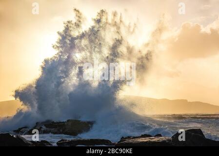 Infrangere le onde nella baia di Porpoise all'alba, Catlins, Nuova Zelanda Foto Stock