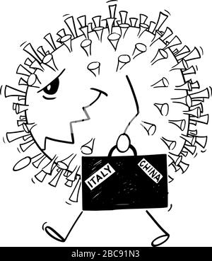 Illustrazione vettoriale di Coronavirus COVID-19 camminando con valigia, in arrivo in un nuovo paese dalla Cina e dall'Italia. Illustrazione Vettoriale