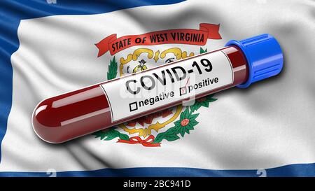 Bandiera dello stato DEGLI STATI UNITI del West Virginia ondeggiante nel vento con una provetta di analisi del sangue positiva Covid-19. Foto Stock