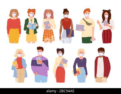 Coronavirus Covid 19, persone in maschera medica bianca. Stile cartone animato piatto. Gruppi internazionali giovani che indossano maschere. Studenti protetti da t Foto Stock