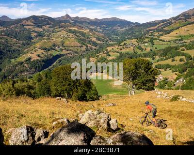 Bikers di montagna su un unico sentiero, discesa sopra pascolo di montagna verso Thièzac, sullo sfondo Puy Mary. Monts du Cantal, Massif Central, Saint-J. Foto Stock