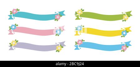 Set disegnato a mano di nastri, striscioni con fiori Illustrazione Vettoriale