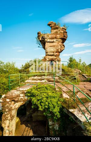 Drachenfels rovine del castello, un castello di roccia scolpito nella pietra, con 'dente dei denti', una torre simile alla testa di un drago, come una piattaforma di osservazione, colorato Foto Stock