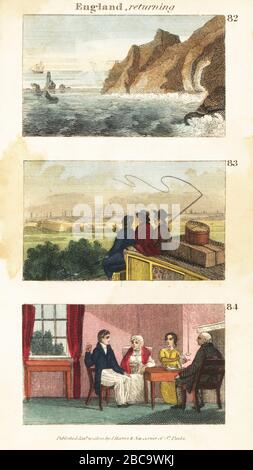 Viste storiche dell'Inghilterra. Vista del Land's End, Cornwall 82, pullman che si avvicina a Londra con la cattedrale 83 di St. Paul, e marinaio che torna a casa sua 84. Incisione su copperplate a mano dalle scene del Rev. Isaac Taylor in Europa, per il divertimento e l'istruzione di Little Tarry-at-Home Travelers, John Harris, Londra, 1819. Foto Stock