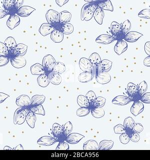 Fiori di ciliegio con contorno blu su sfondo luminoso. Motivo vettoriale senza cuciture con disposizione floreale. Fiore di primavera. Tessuto, sfondi. Illustrazione Vettoriale