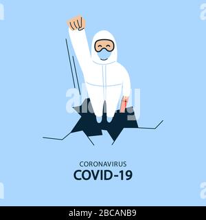 Illustrazione vettoriale in stile piatto isolata in blu. Lotta contro il nuovo coronavirus COVID-19. Medico che indossa tuta e maschera di protezione bianca. Stop Illustrazione Vettoriale