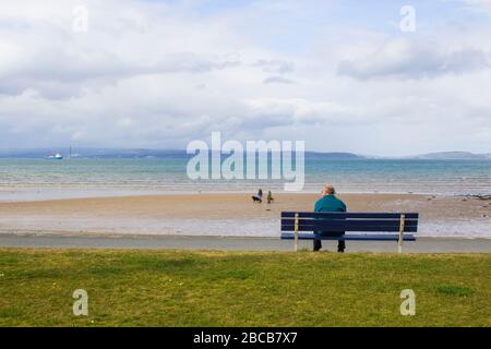 3 aprile 2020 UNA coppia cammina il loro cane lungo la linea d'acqua a Ballyholme spiaggia come un anziano Signore guarda su a Bangor Irlanda del Nord durante il Co Foto Stock