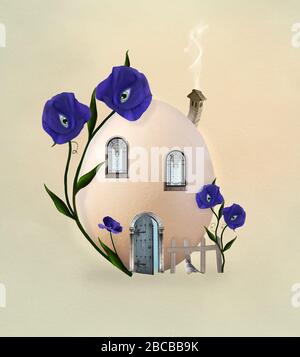 Serie di celebrazioni pasquali: Cartolina con una casa a forma di uovo e papaveri surreali Foto Stock