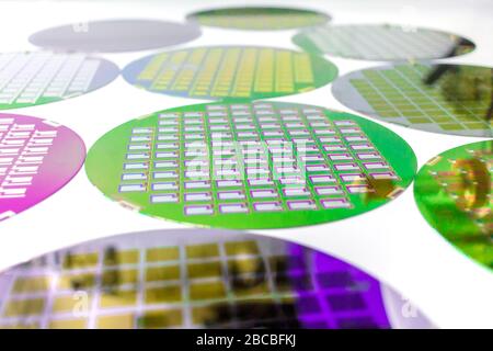 Molti wafer di silicio tre tipi - wafer di colore con microchip.diversi pezzi di wafer con microchip.Rainbow su wafer di silicio.wafer di silicio di colore Foto Stock