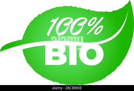 100% certificato di qualità bio sano prodotto naturale su emblema foglia verde. Immagine eps isolata vettoriale del concept del badge dell'etichetta di garanzia ecologica verde Illustrazione Vettoriale