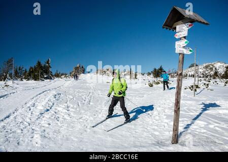 Sci nordico in direzione del confine polacco-ceco, sul crinale principale di Karkonosze, inverno, Parco Nazionale di Karkonosze, bassa Slesia, Polonia Foto Stock