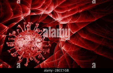 Vista microscopica del coronavirus, un patogeno che attacca le vie respiratorie. Analisi e test, sperimentazione. La Sars. 3D render Foto Stock