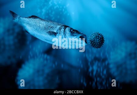 Pesce che cattura un grande virus corona sotto il mare blu profondo impolluted. Concetto di scherzo del pesce di aprile Foto Stock