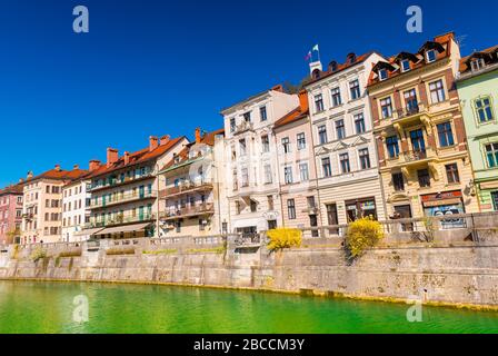 Lubiana - 2020 marzo, Slovenia: Colorati edifici storici lungo il fiume Lubiana nella parte centrale della città Foto Stock