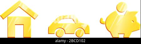 casa, auto e denaro oro icona insieme di desideri principali. Simbolo delle esigenze di base. Risparmio e pianificazione del budget. Concetto di finanza personale. Casa, piggybank, la vendicatrice di automobili. Illustrazione Vettoriale