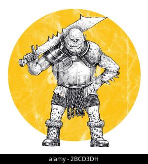 ORC con una spada gigante. Illustrazione di fantasia. Foto Stock