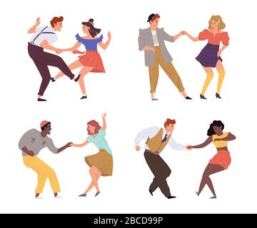 Illustrazione vettoriale delle coppie che ballano twist 1950, 1960, settanta set. Giovane uomo e donna ballano su partito retrò o discoteca nostalgica. Cartoon piatto Foto Stock