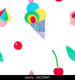 Motivo senza cuciture Watercolor per bambini stampa di tessuti, e-paper, scrapbooking. Torta di cuore dipinta a mano Cupcake ciliegia gelato Dessert Foto Stock