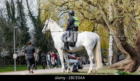Amburgo, Germania. 04th Apr, 2020. I poliziotti montati fanno notare a persone in un parco sull'Alster esterno che, come parte del divieto di contatto per contenere il coronavirus, è vietato sedersi all'esterno su prati o panchine. Credito: Markus Scholz/dpa/Alamy Live News Foto Stock