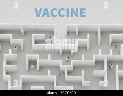 Coronavirus 19 infetto, ricerca sui vaccini. Labyrint o labirinto, difficile trovare il concetto di vaccino. rendering 3d Foto Stock