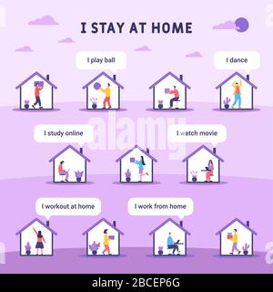 Sono a casa, le persone svolgono attività diverse durante l'autoquarantena. Illustrazione delle attività in autoquarantena. Illustrazione Vettoriale