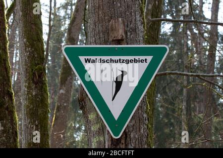 Segno verde e bianco con un picchio montato su una riserva forestale che dice alberi Foto Stock